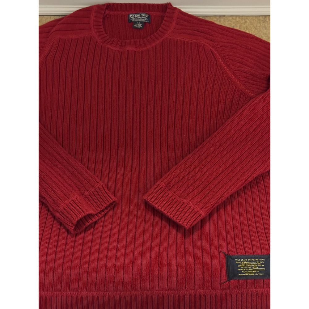 Vintage Polo Jeans Co Ralph Lauren Sweater Mens Large Red Ribbed Cotton Crewneck - Picture 7 of 11